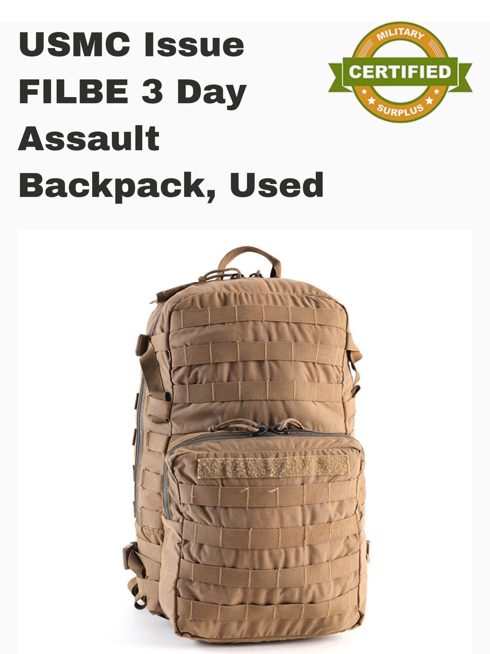 USMC FILBE 3-Day Assault Backpack - W/Extra CamelBak, Admin & Tourniquet Pouch